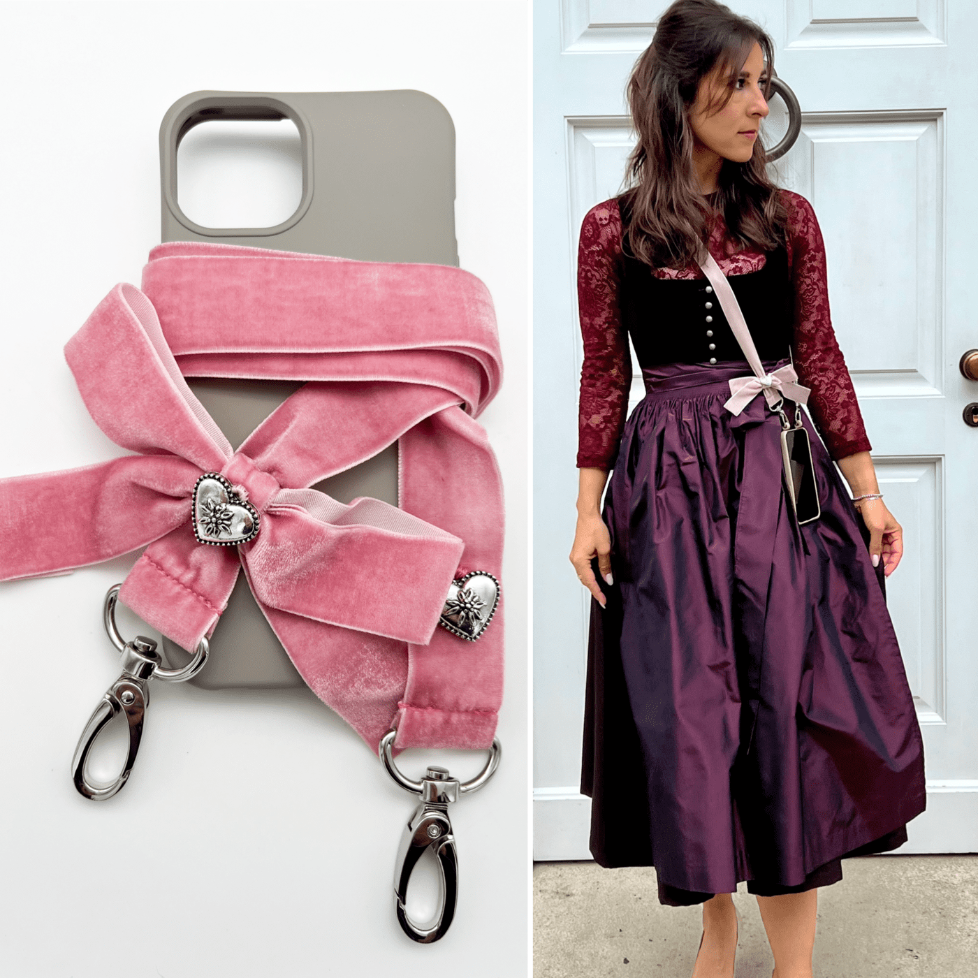 Handyband aus Samt Frau mit Dirndl bordeaux