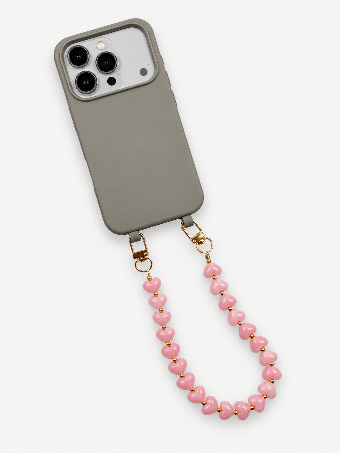 Handykette kurz STONE HEARTS rosa mit Handyhülle grau und iphone