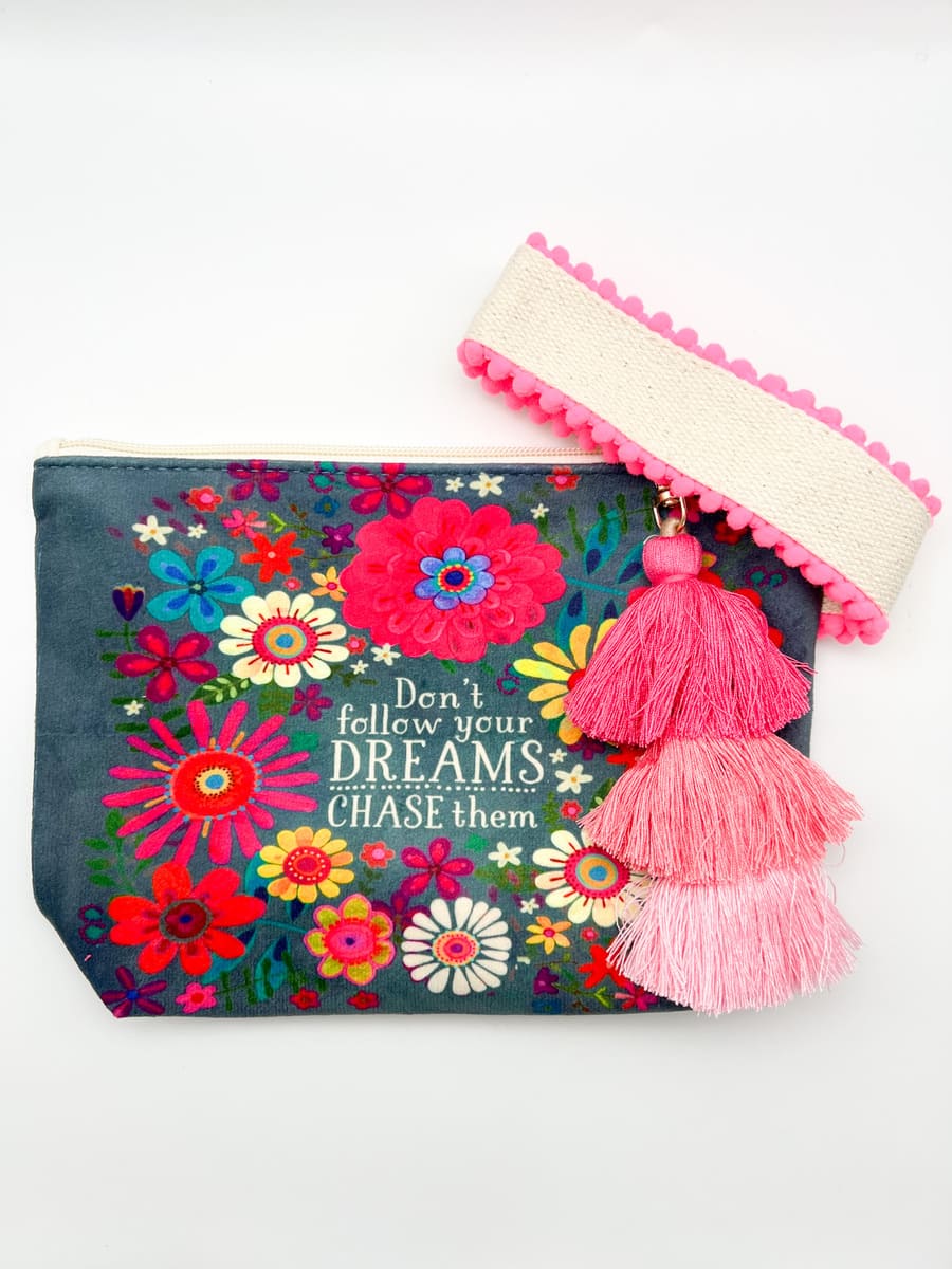 Kosmetiktasche dunkelblau mit pinken Blumen