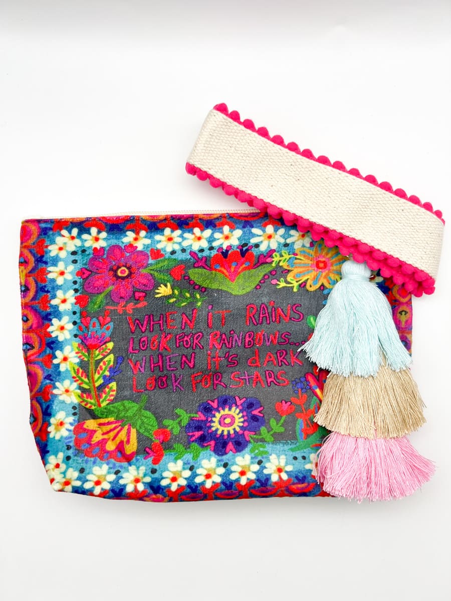 Kosmetiktasche dunkelgrau mit pinken Blumen