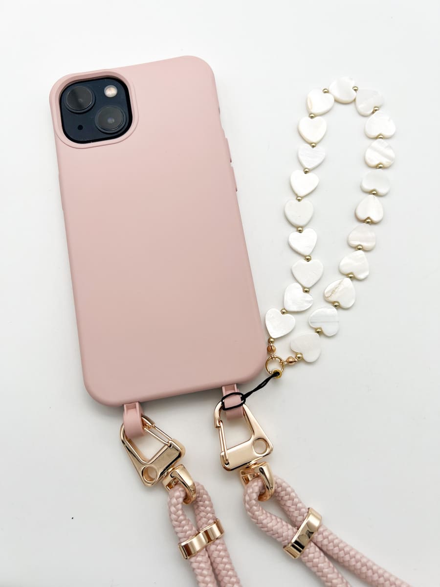 Handyanhänger Herzen Muschel weiss mit Hülle rosa