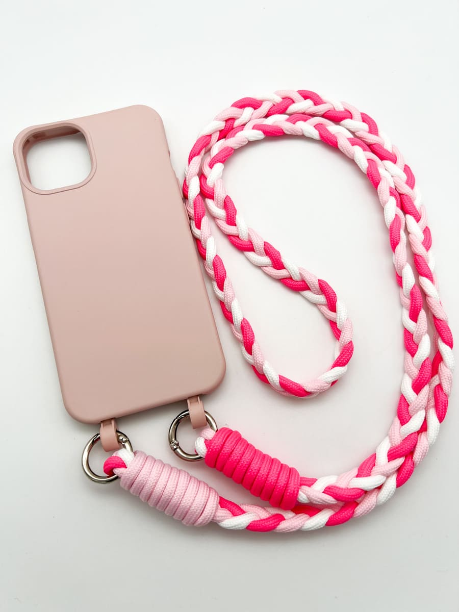 Handykette geflochten pink weiss