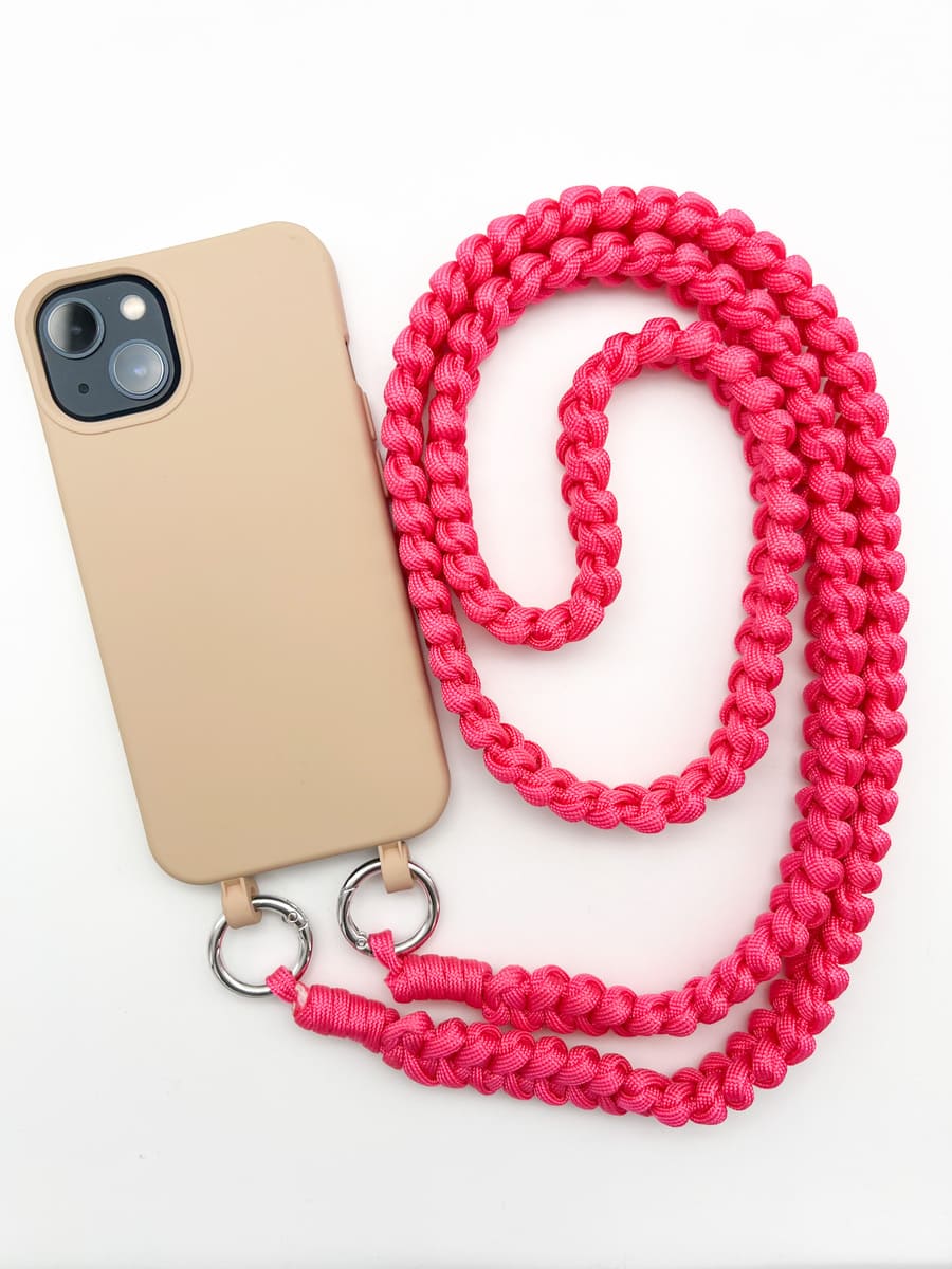 Makramee Handykette pink mit Hülle