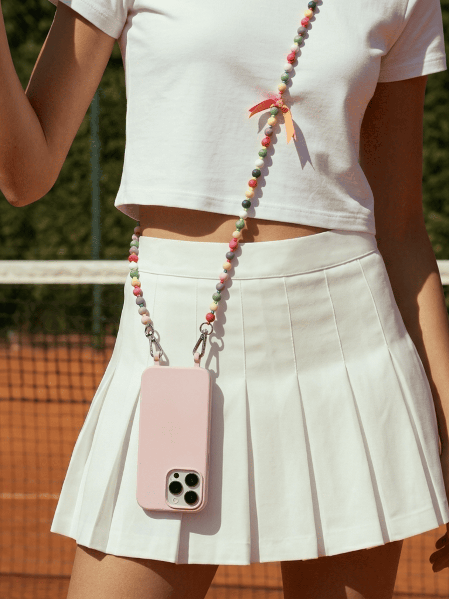 Frau mit Tennisoutfit und Handykette aus bunten Holzperlen