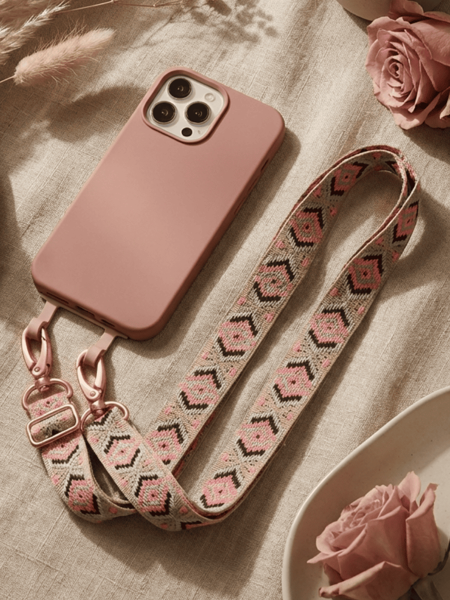 Handykette boho neon pink mit rosa handyhülle