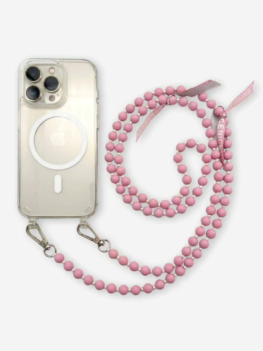 Handyhülle transparent iphone mit rosa Handykette aus Holzperlen