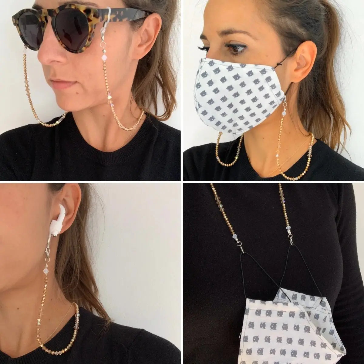 Frau mit Maskenkette und Brillenkette