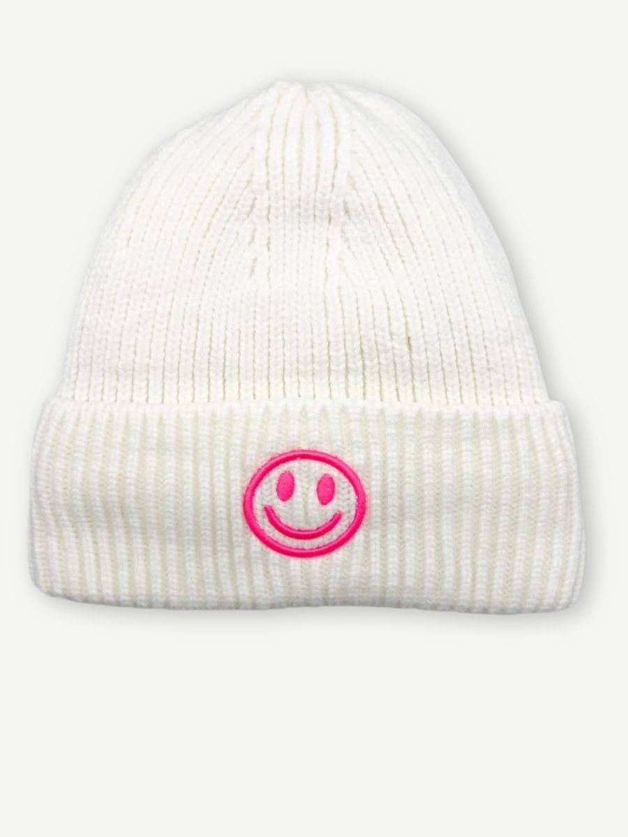 Strickmütze weiss pink mit Smiley