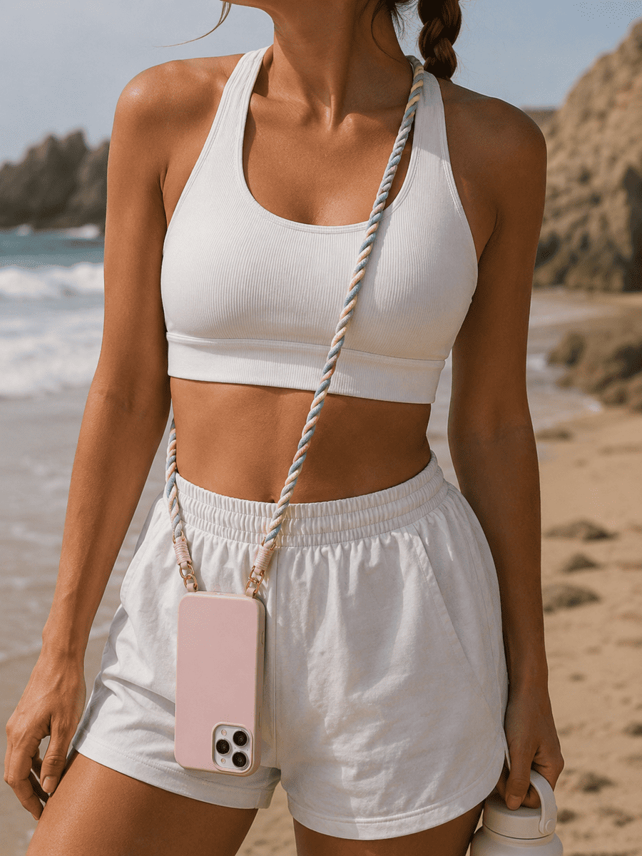 Frau mit Bali Rainbow Handykette 