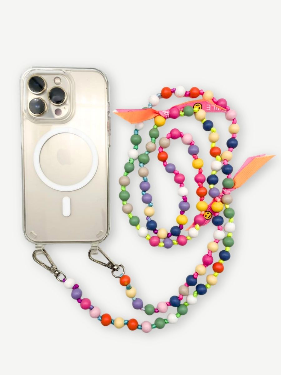 Handykette IBIZA BUNT aus Holzperlen mit transparenter Hülle iphone