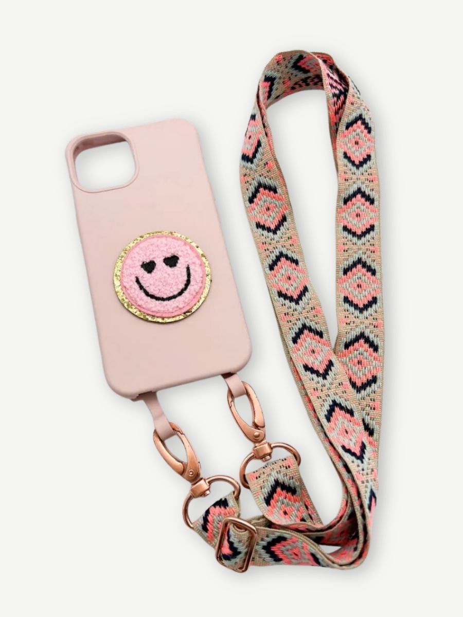 Handykette Maya neon mit Hülle candy rosa iphone und Smiley Sticker