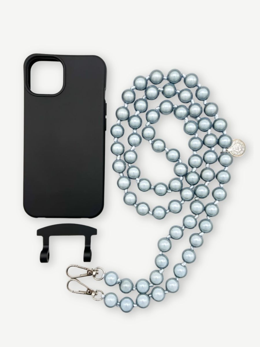 Handykette aus Magic Pearls in Blau mit Hülle schwarz