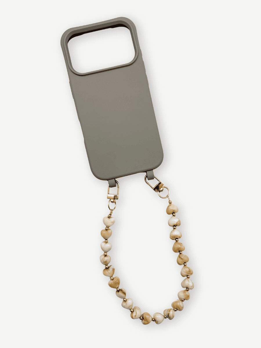Handykette kurz STONE HEARTS beige mit Handyhülle grau