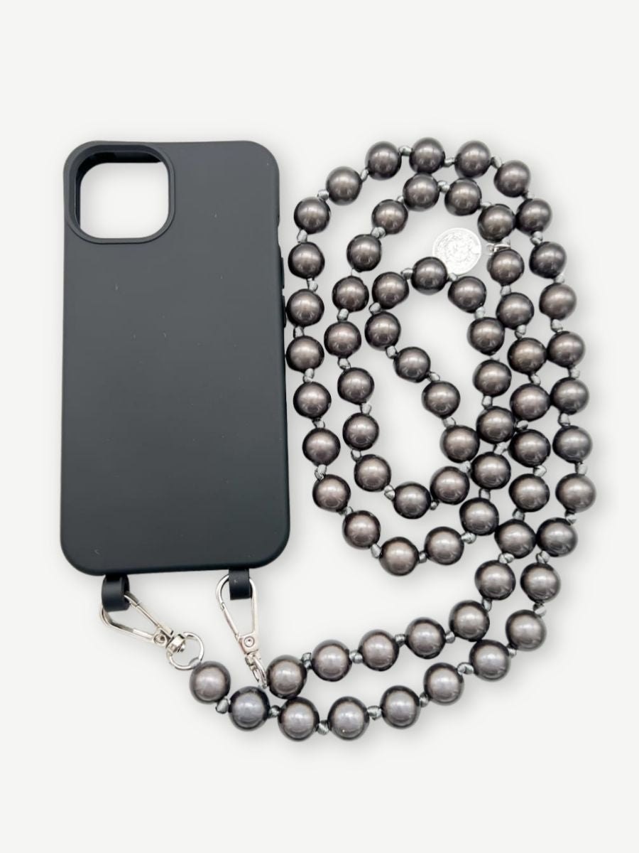 Kette dunkelgrau aus Magic Pearls Handykette mit Hülle schwarz
