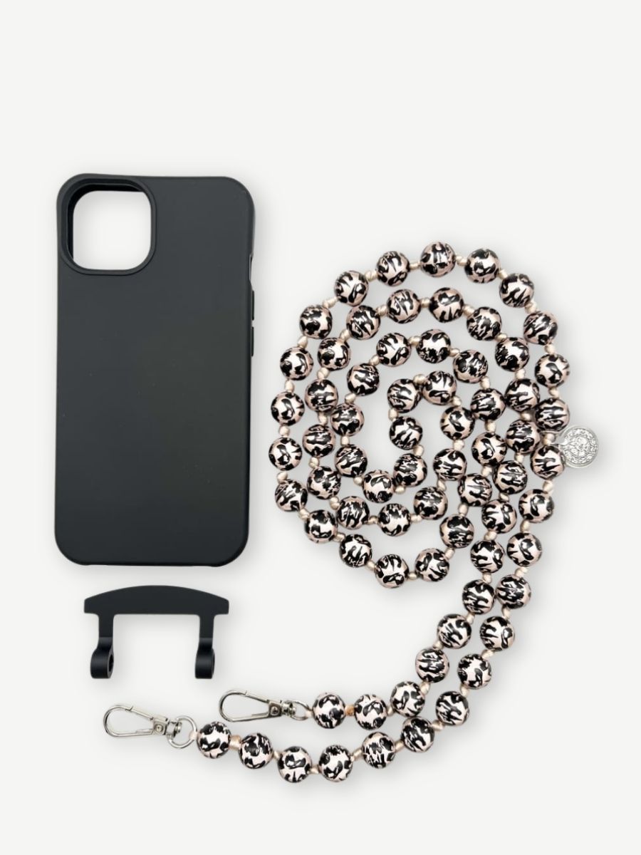 Handykette aus Magic Pearls mit rose schwarzem Leomuster mit Hülle 