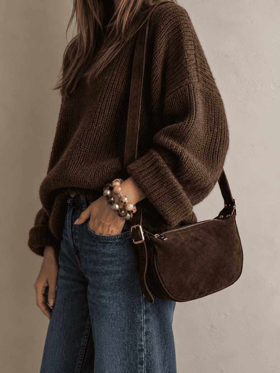 Runde Schultertasche MOON BAG dunkelbraun mit frau