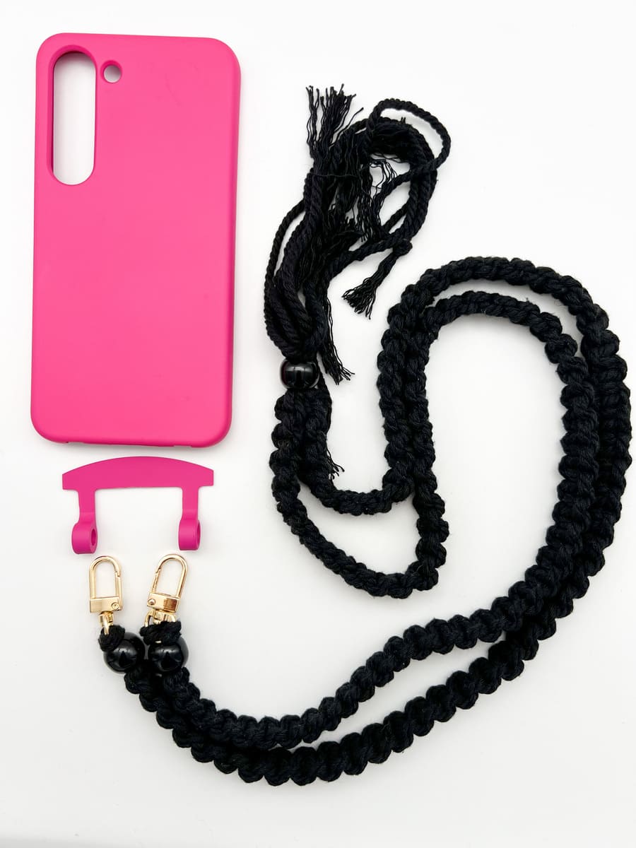 Set Handykette BOHO BLACK mit Hülle HOT PINK für Samsung