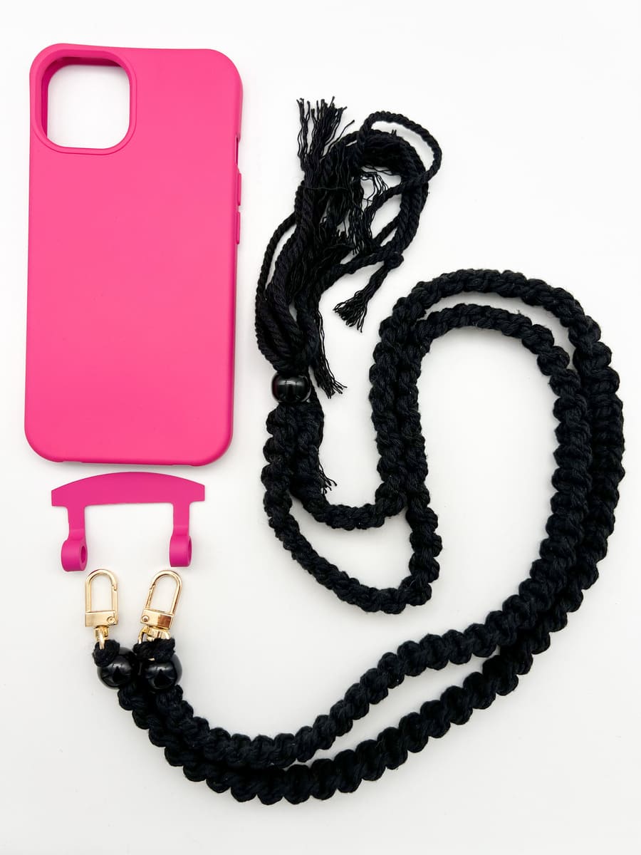 Set Handykette BOHO BLACK mit Hülle HOT PINK für iPhone
