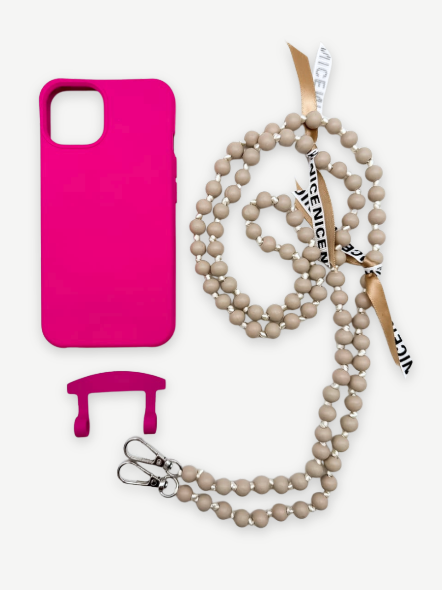 Set Handykette IBIZA BEIGE mit Hülle HOT PINK für iPhone