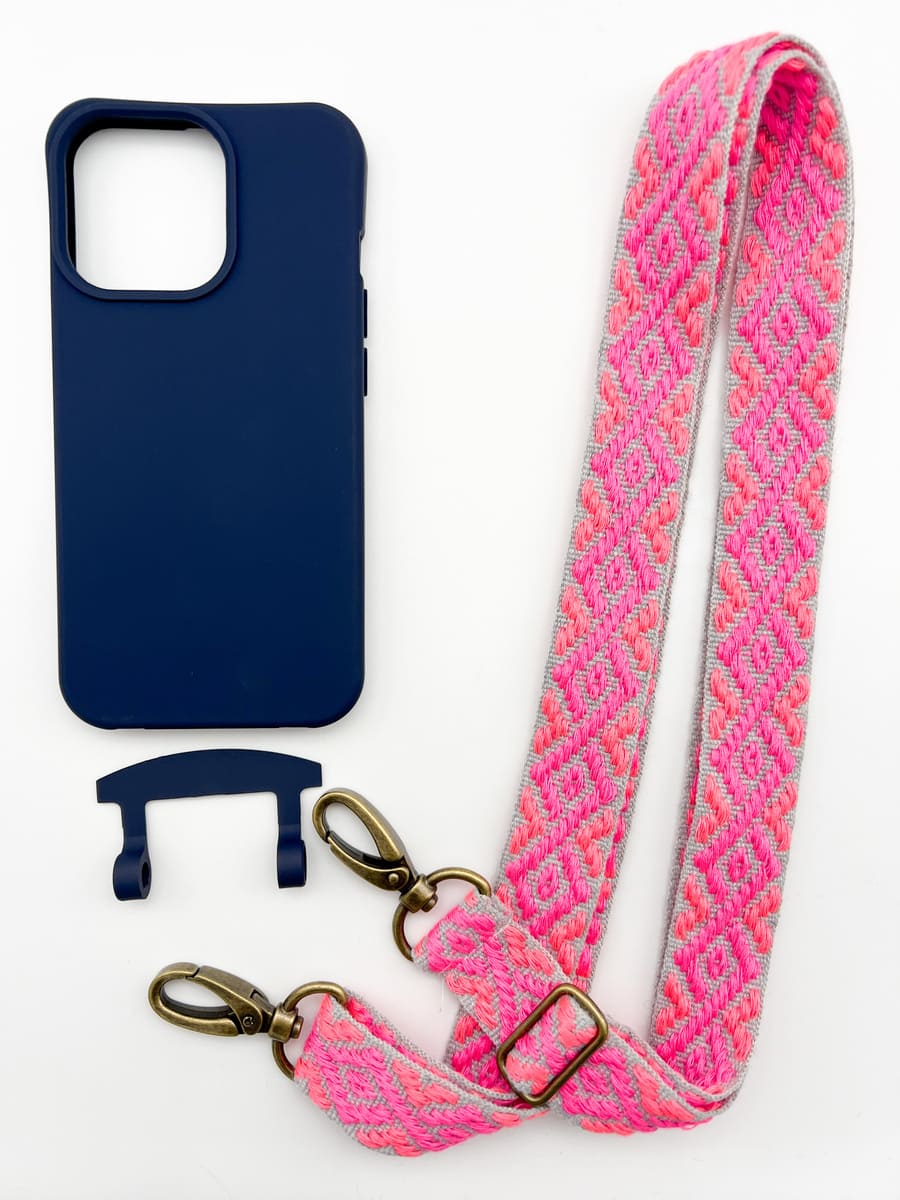 Set Handykette MAYA GRAU NEON mit Hülle NAVY für iPhone