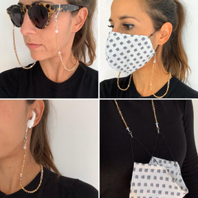 Frau mit Maskenkette und Brillenkette